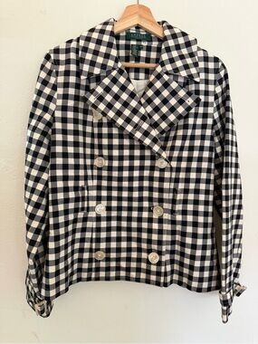 Ralph Lauren Black & White Gingham Double-Breasted Pea Coat